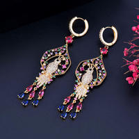 Boucles d'oreilles pendantes de luxe vintage en laiton avec pampilles incrustées de zircons CZ colorés, bijoux de déclaration exquis