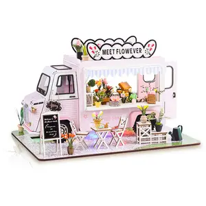 Maison de poupée en bois pour filles, Kit de construction Miniature, voiture à fleurs avec meubles, lumière Led