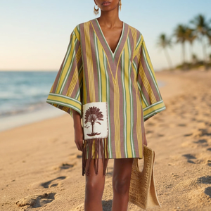 Boho Striped V-Neck Mini <b>Dress</b> <b>With</b> Embroidery <b>Pocket</b> Batwing Sleeve Loose Fit Cotton Bamboo Fiber Summer Casual Wear - Product Image 3