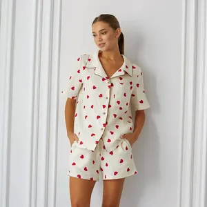 Quality Sleepwear For Women Love Print Loungewear Set Cotton Pajamas Set Summer Pyjamas Set For Woman