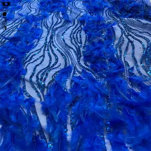 Hot sales royal blue/white/fuschia shining sequin glitter mesh exquisite lace fabric with feathers