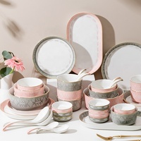 Service de table en porcelaine de luxe rose et gris moderne et créatif avec incrustation dorée, motif logo personnalisé pour la maison, l'hôtel et la restauration