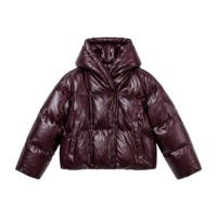 Veste matelassée à capuche pour femme, bordeaux foncé, en similicuir, manteau d'hiver brillant, isolé, matelassé, style bomber, parka, vêtement d'extérieur