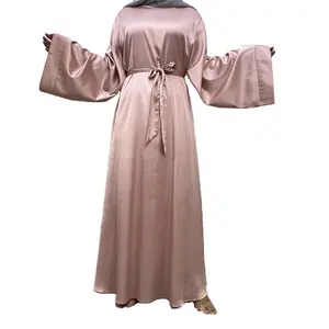 2023 sexy mature ladies Eid Muslim Islamic Design Hot Sale Simplicity Solid Color Smooth Versatile Casual Satin Ladies Dress