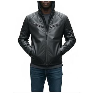 Chaqueta de Invierno para Hombre, Hecha a Mano, de Cuero Vacuno Negro, con Capucha, Detalles Acolchados en Hombros y Codos, Edición Urbana Elite, Impermeable - Product Image 1