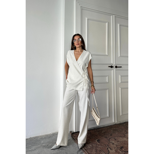 Ensemble chemisier et pantalon en lin brut à sequins, blanc, taille S pour femme - Product Image 3