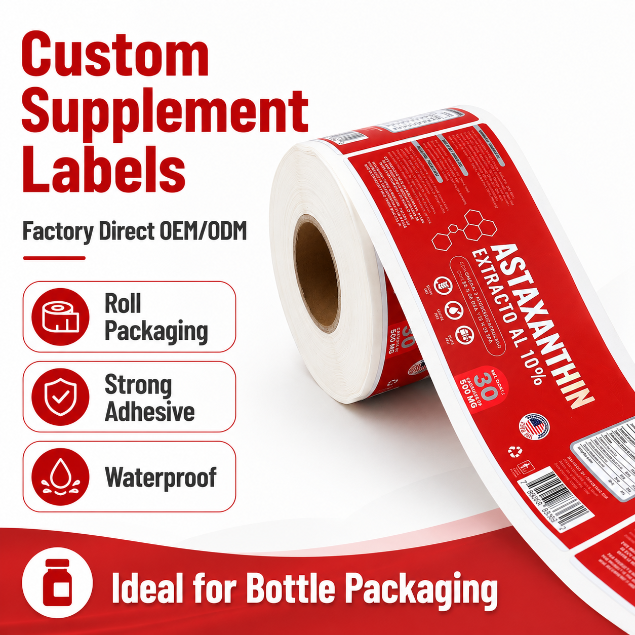 Custom Astaxanthin Supplement Bottle Labels For Softgel Capsules Nutraceutical Packaging Label Sticker Rolls With Facts Panel