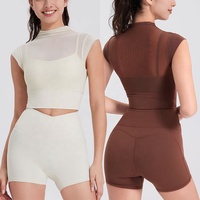 Ensemble de yoga sexy en maille FANCO, haut de sport long à manches bouffantes avec soutien-gorge intégré, leggings de sport, ensembles de vêtements de sport pour femmes