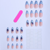 Kuku Palsu 3D Motif Polkadot Blueberry Grosir 24pcs Bentuk Almond Tekan & Tempel Warna Biru Muda Desain French Dapat Digunakan Kembali