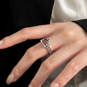 S925 Sterling Silver Red Heart Zircon <b>Ring</b> <b>Adjustable</b> Opening Women's Everyday Wear Fine Jewelry - Product Image 3