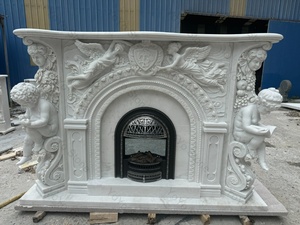 Cheminée classique en marbre blanc sculpté à la main avec manteau de cheminée, ange chérubin, cadre européen en fonte pour décoration de villa de luxe et hôtel - Product Image 2