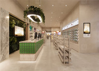 Étagère de présentation en bois peinte sur mesure pour boutique de beauté, mobilier de présentation de parfums personnalisé, design d'intérieur moderne pour magasin de cosmétiques
