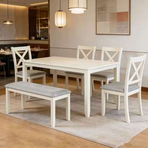 Offre Spéciale : Ensemble de Salle à Manger Rustique en Bois Rectangulaire (6 Pièces) avec 4 Chaises Rembourrées à Dossier Croisé et un Banc - Product Image 1