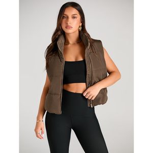 2025 femmes sans manches hiver recadrée vêtements d'extérieur chaud bouffant gilet avec col montant vers le bas poches léger bulle gilet - Product Image 4