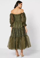 Oem Personnalisé Islamique Dubaï Haute Couture Moyen-Orient Robe Maxi Longue Transparente à Imprimé Rayé et Épaules Dénudées pour Femme Arabe