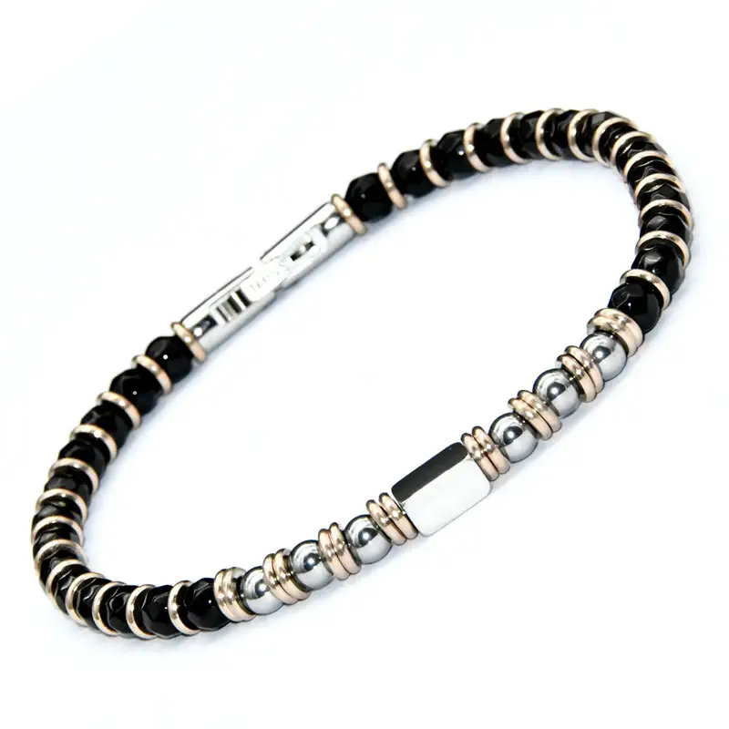 Bracelet perlé réglable de pierre naturelle de cuboïde d'acier inoxydable de perles d'onyx noir de vente directe d'usine pour les hommes