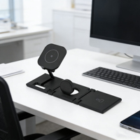 Station de charge sans fil pliable 3-en-1 pour bureau, chargeur rapide 15W compatible avec téléphone, montre et écouteurs