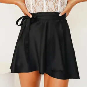 Summer Lace-up chiffon satin wrap skirt womens solid color Mini high waist skirts fashion one-piece short skirt