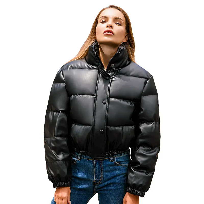 Winter Thick Warm Short Parkas Women Fashion Black PU Leather Coats Women Elegant Zipper Cotton Jackets Female Ladies