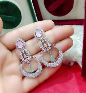AD <b>Handmade</b> Stylish Trendy Pink Round Diamond Drop <b>Earrings</b> for Women and Girls Chand Bali Studs in Bulk - Product Image 6