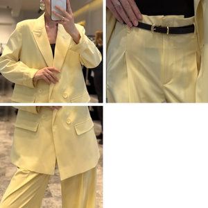 <span class=keywords><strong>Completo</strong></span> da Donna Personalizzato: <span class=keywords><strong>Blazer</strong></span> Giallo Pastello e Pantaloni a Gamba Larga, Set Due Pezzi, Etichetta Privata, Produzione OEM all'Ingrosso - Product Image 2