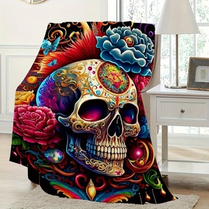 Wholesale Colorful Skull Floral Print Throw <b>Blanket</b> Rectangular Flannel <b>Blanket</b> Decoration Four Seasons Use - Product Image 3
