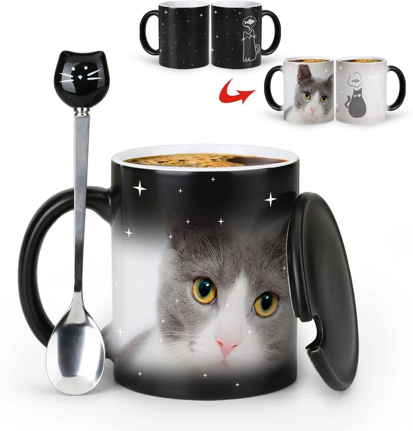 DIY Hot Sale Gift Creative Personality Cute Cat Coffee Mug Ceramic Porcelain Hot Water Magic Color Changing Mugs With Spoon