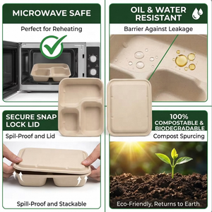 Boîte à lunch carrée à 3 compartiments en <span class=keywords><strong>fibre</strong></span> <span class=keywords><strong>de</strong></span> canne à sucre, plateau alimentaire tri-sectionnel avec couvercle pour la livraison et la restauration – Meilleure vente - Product Image 5