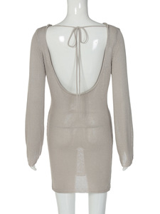 Vestido ajustado de manga larga con espalda descubierta, color liso y textura acanalada, estilo sexy, novedad de otoño para mujer. - Product Image 6