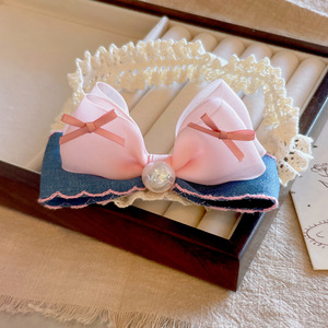 ربطة رأس للأطفال بتصميم دانتيل أثيري، عصابة رأس بنمط قديم مع فيونكة جينز ثلاثية الأبعاد للفتيات - Product Image 6