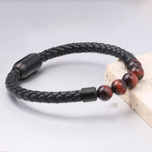 Tiger Eye Leather <b>Bracelet</b> 6mm Beaded Woven Magnetic Bangle Unisex Gift Jewelry - Product Image 3