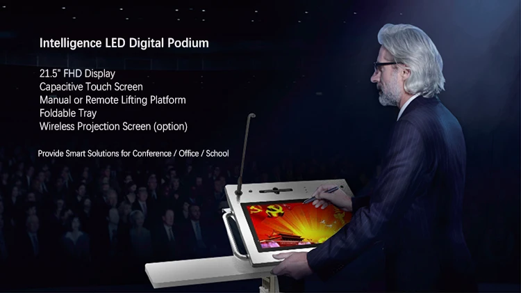 2021 Best Intelligence LED 21.5 All In One Touch Screen Smart Lift Adjustable  Digital Podium Kiosk with Mic Speaker