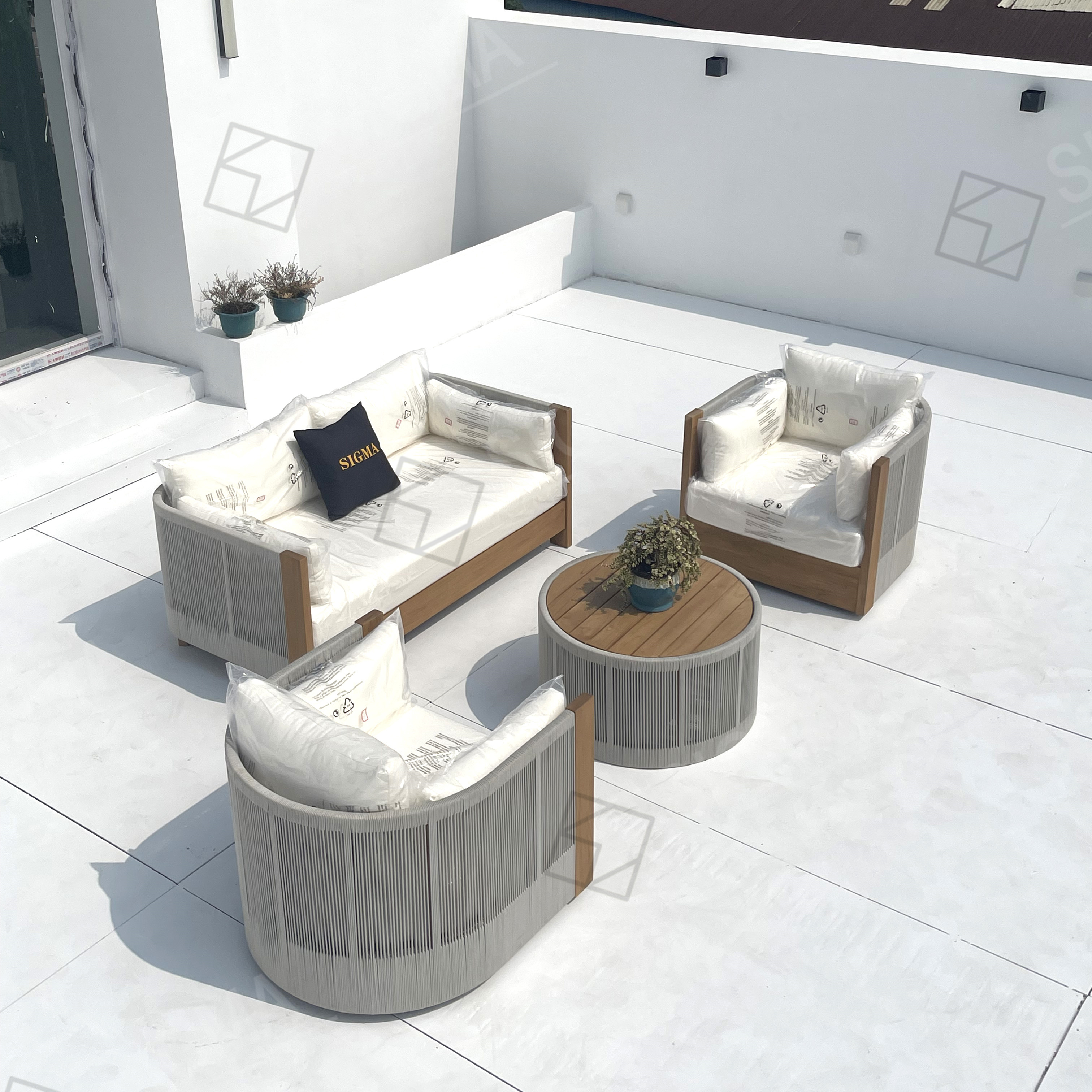 Modern New Design Luxury Outdoor Furniture Set Teak Wood Frame Comfortable All Weather Rope Garden Single Sofa