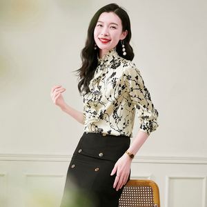 Fashionable Printed Long-Sleeved Spring Silk <b>Shirt</b> for Women Elegant Intellectual Stand Collar Casual Style for <b>Office</b> Occasions - Product Image 1