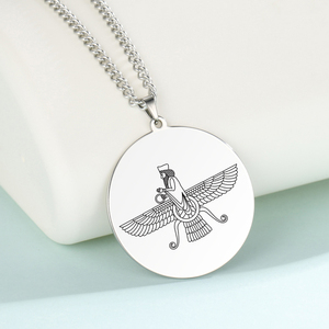 Myshape Vintage Collier Farvahar en acier inoxydable Pendentif zoroastrien Ahura Mazda Bijoux religieux avec chaîne à maillons pour les fêtes - Product Image 2