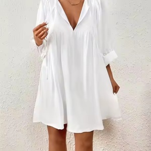 Nouvelle Robe Chic Bohème d'Été 2025 pour Femme, Col en V, Taille XL, en Mousseline, Élégante et Décontractée, Manches Lanterne Amples, Couleur Unie, Tendance - Product Image 3
