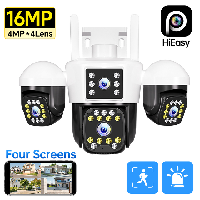 16MP WiFi CCTV Security Camera Plug-in 4-Lens 4-Screen Outdoor Surveillance PTZ Camera Night Vision Motion Detection Remote View