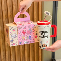 Mug de voyage en céramique à motif de dessin animé mignon pour femmes, grande capacité, avec couvercle et poignée, compatible micro-ondes, résistant aux hautes températures