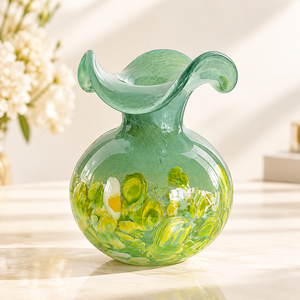 Jarrón de Vidrio Artístico <span class=keywords><strong>Verde</strong></span> Espuma de Mar con Boca Esculpida para Flores Frescas y Decoración de Estantes - Product Image 1
