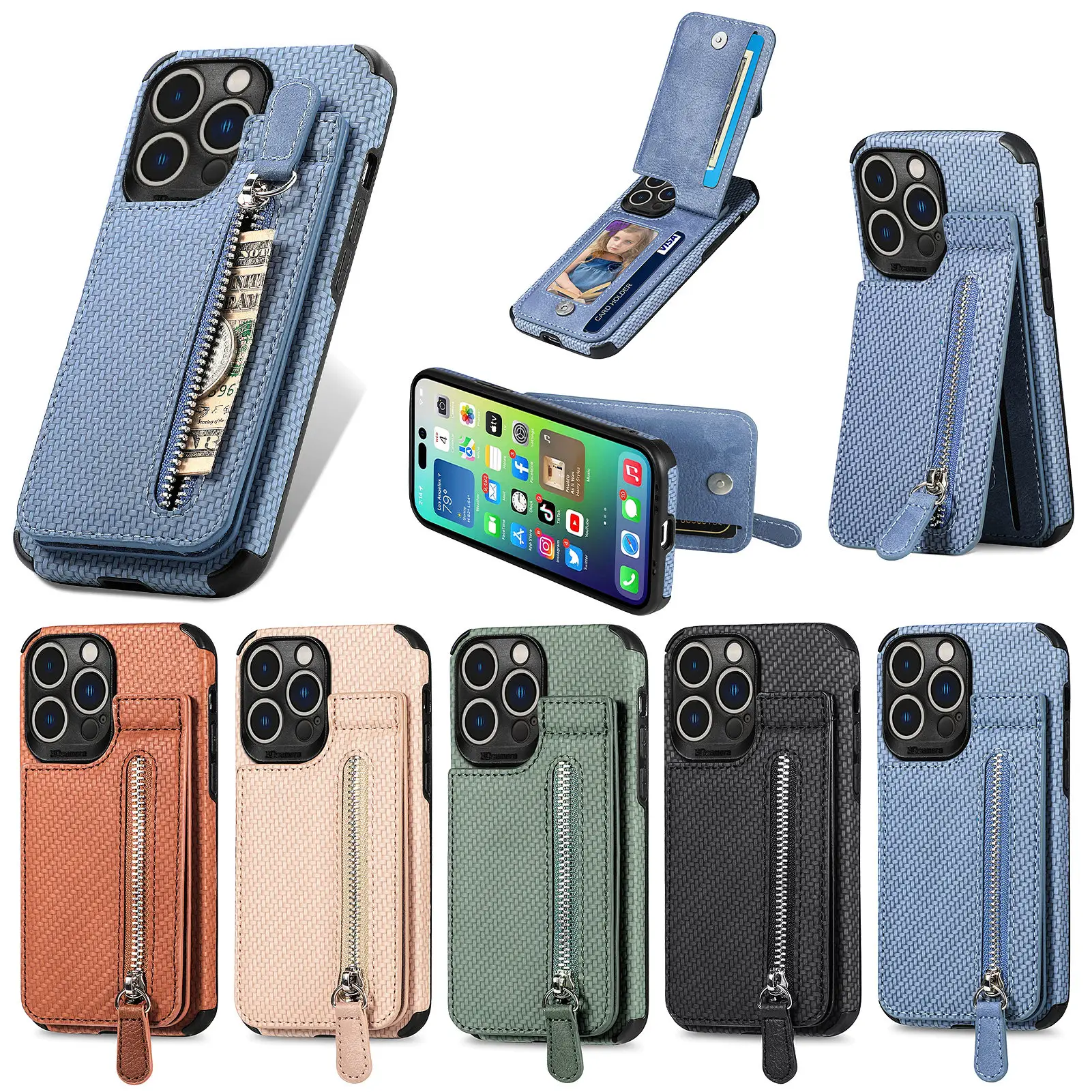 magnetic zipper pu leather back case for iphone 14 plus card slot kickstand case for iphone 13 pro max 11 12 xr xs 67/8 plus