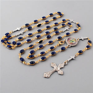 Mini connettore croce medaglia e blu scuro 14K oro reale placcato perline con catena di rame rosario Catholic collane per regali - Product Image 2