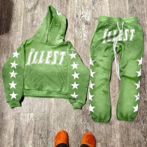Trajes de jogging con serigrafía personalizada Conjunto de pantalones de chándal acampanados y Sudadera con capucha de 2 piezas Chándales de lavado ácido vintage unisex para hombres - Product Image 6
