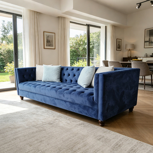 Canapé de salon bleu de luxe confortable pour hôtel et villa, structure en bois, revêtement en velours, <span class=keywords><strong>3</strong></span> places, profond, pour salon - Product Image 1