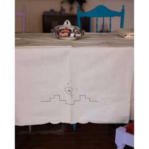 Nappe de style européen en lin mélangé Robcultura, gris, broderie, 12 serviettes, motif carré, salon, hôtels, mariages - Product Image 1