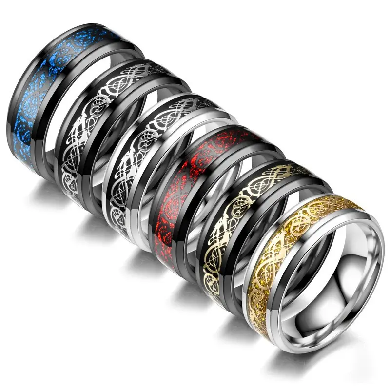 8mm Width Man Ring Titanium Stainless Steel Couple Rings Texture Inlay Red Green Carbon Fiber Black Dragon Finger Rings for Men