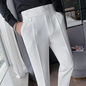 Pantalones ajustados personalizados para hombre, traje alto estilo Nápoles, mangas rectas, pantalones informales de cintura media, pantalones de traje pequeños británicos guapos