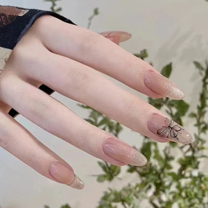 24 faux ongles ovales moyens en ABS, nude scintillant, avec motif papillon noir, à presser, vente en gros - Product Image 1