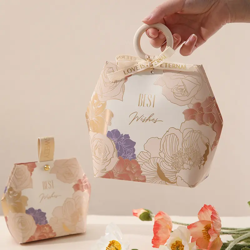 Caixa de doces padrão de flor dourado, caixa de presente de casamento com alça