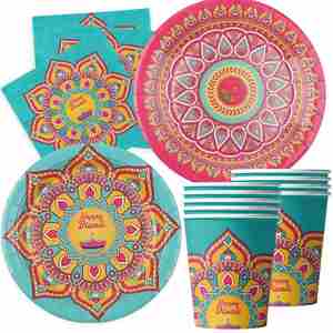 Décoration de fête des lumières, serviettes de table pour 12 invités, assiettes en papier, vaisselle indienne colorée pour Diwali - Product Image 4