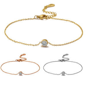 Pulsera de acero de titanio para mujer, oro rosa, diamante redondo incrustado, joyería minimalista para uso diario AD1008 - Product Image 1